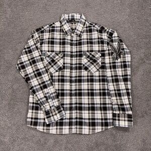 Vercho Shirt Mens Medium Black Plaid Button Up Y2K Eagle Biker Stitching